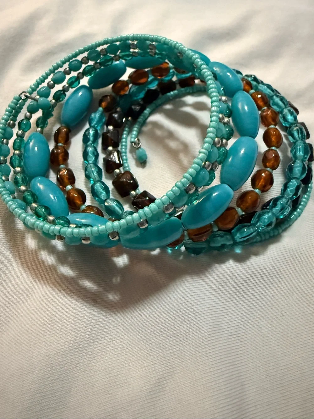 Bohemian Style Blue Brown Glass Beaded Wrap Bracelet, No Clasp, 8 layer